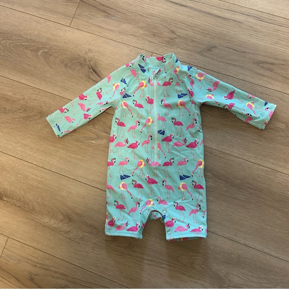 Janie & Jack Flamingo Print One Piece Rash Guard Swimsuit - 12-18 month